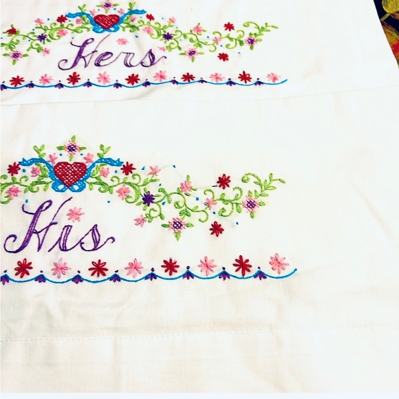 NWOT Vtg pair Hand Embroidered Standard Pillow Cases “ His & Hers” - Picture 5 of 7